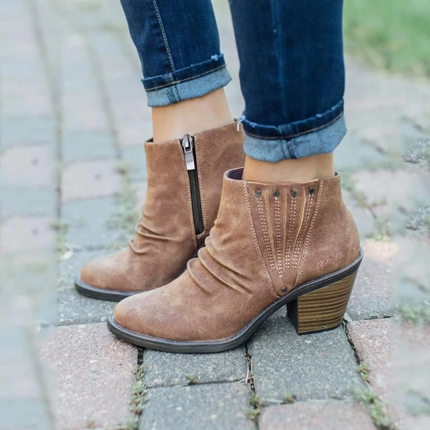 AMDBEL Boots for Women Ankle Booties Low Chunky Heel Zipper Booties Point Toe Short Boots Roman Dressy Fall Winter Shoes