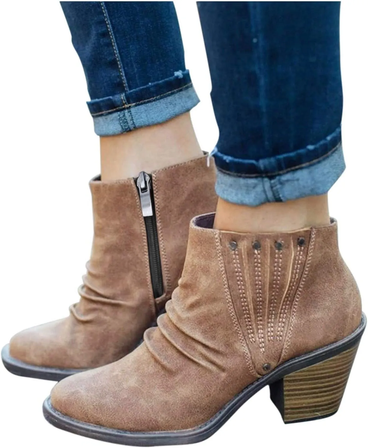 AMDBEL Boots for Women Ankle Booties Low Chunky Heel Zipper Booties Point Toe Short Boots Roman Dressy Fall Winter Shoes