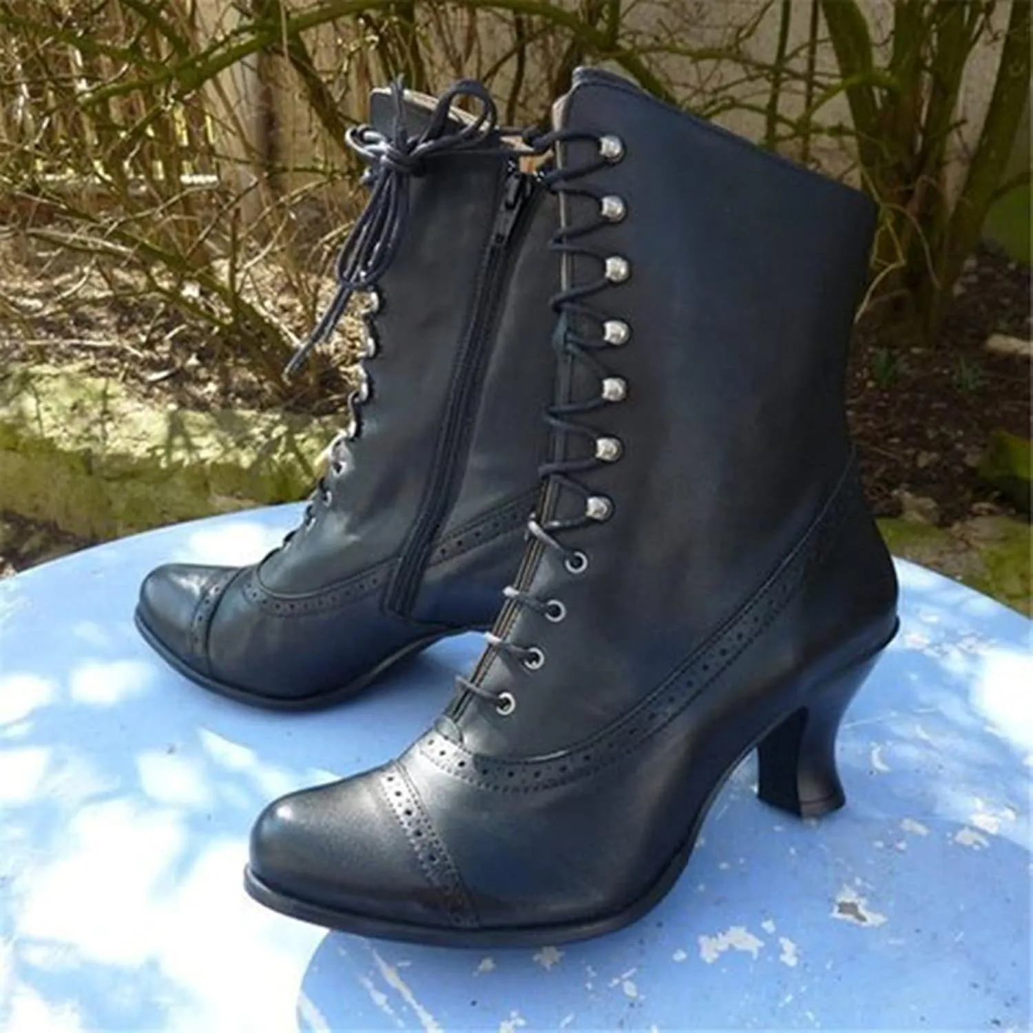 AMDBEL Fall Boots for Women 2023 Cowboy Boots,Vintage Knee High Boots Lace Up Boots Chunky Heels Retro Gothic Mid Calf Boots