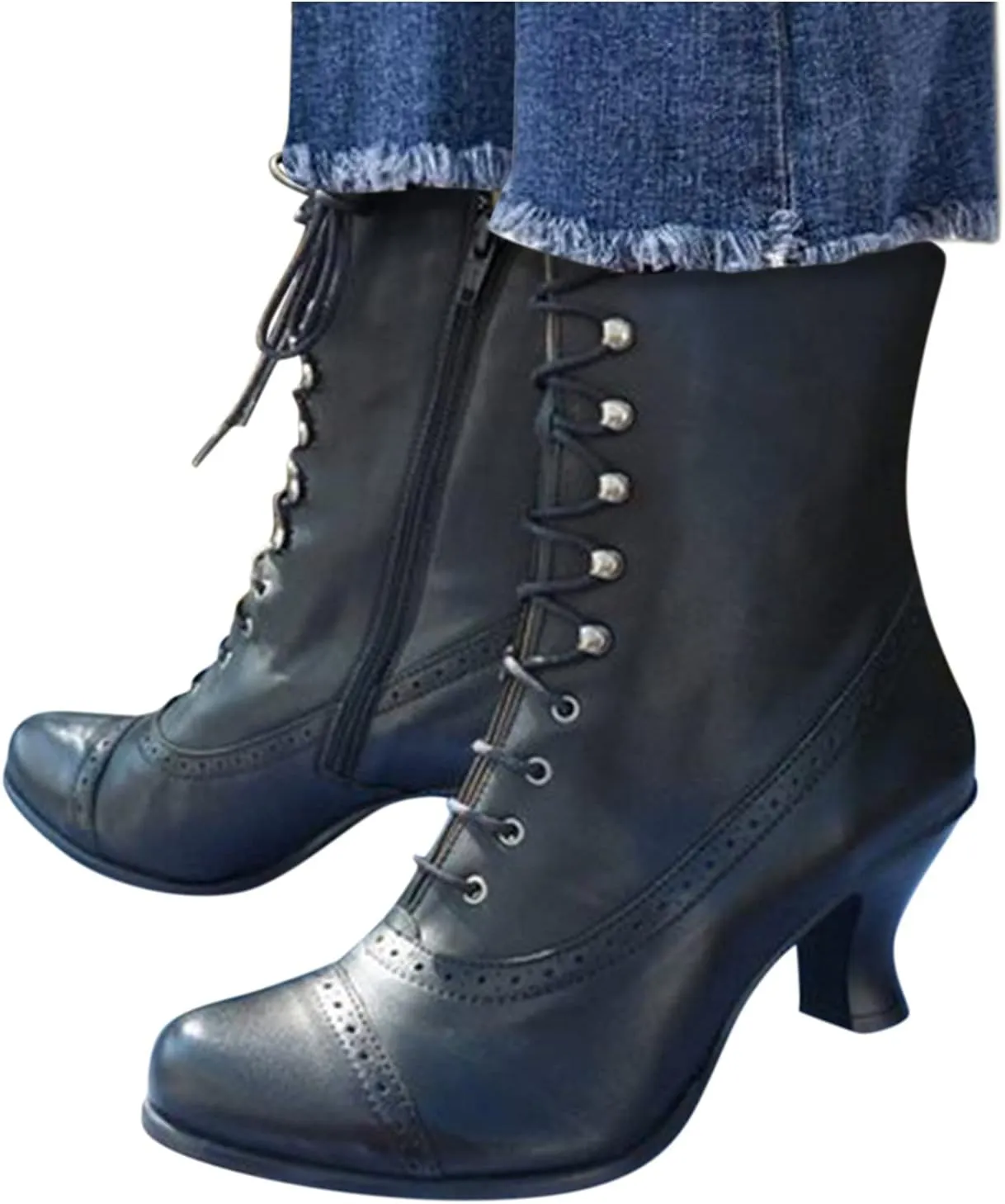 AMDBEL Fall Boots for Women 2023 Cowboy Boots,Vintage Knee High Boots Lace Up Boots Chunky Heels Retro Gothic Mid Calf Boots
