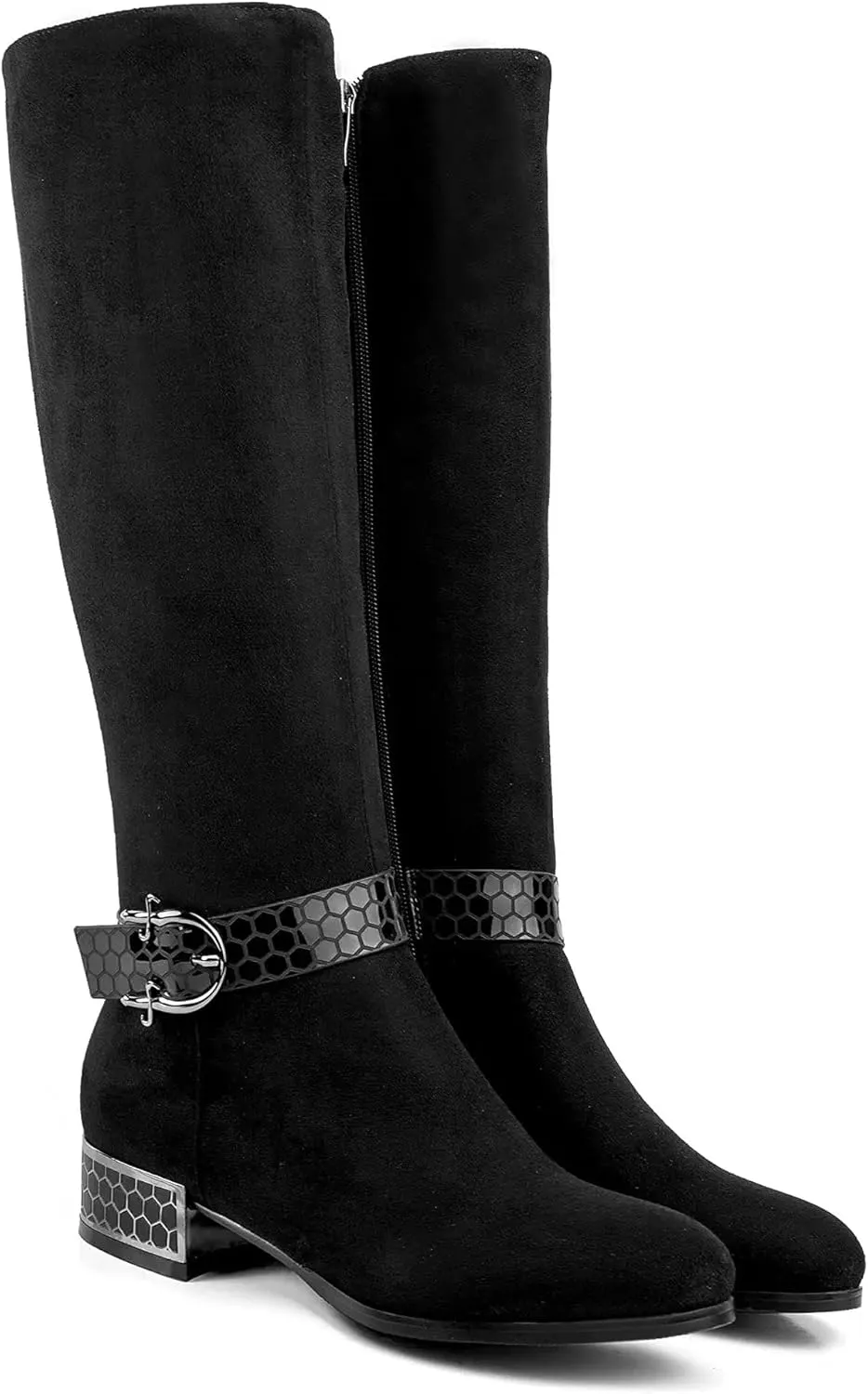 ANN CREEK Women's 'Orizea' Low Block Heel Beehive Patterned Straps Faux Suede Boots