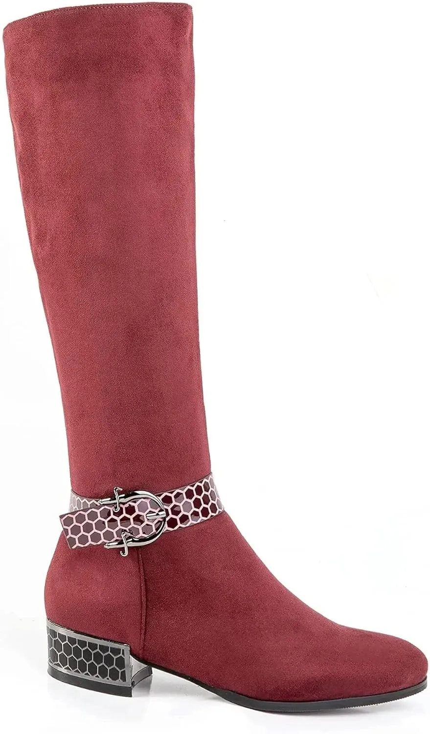 ANN CREEK Women's 'Orizea' Low Block Heel Beehive Patterned Straps Faux Suede Boots