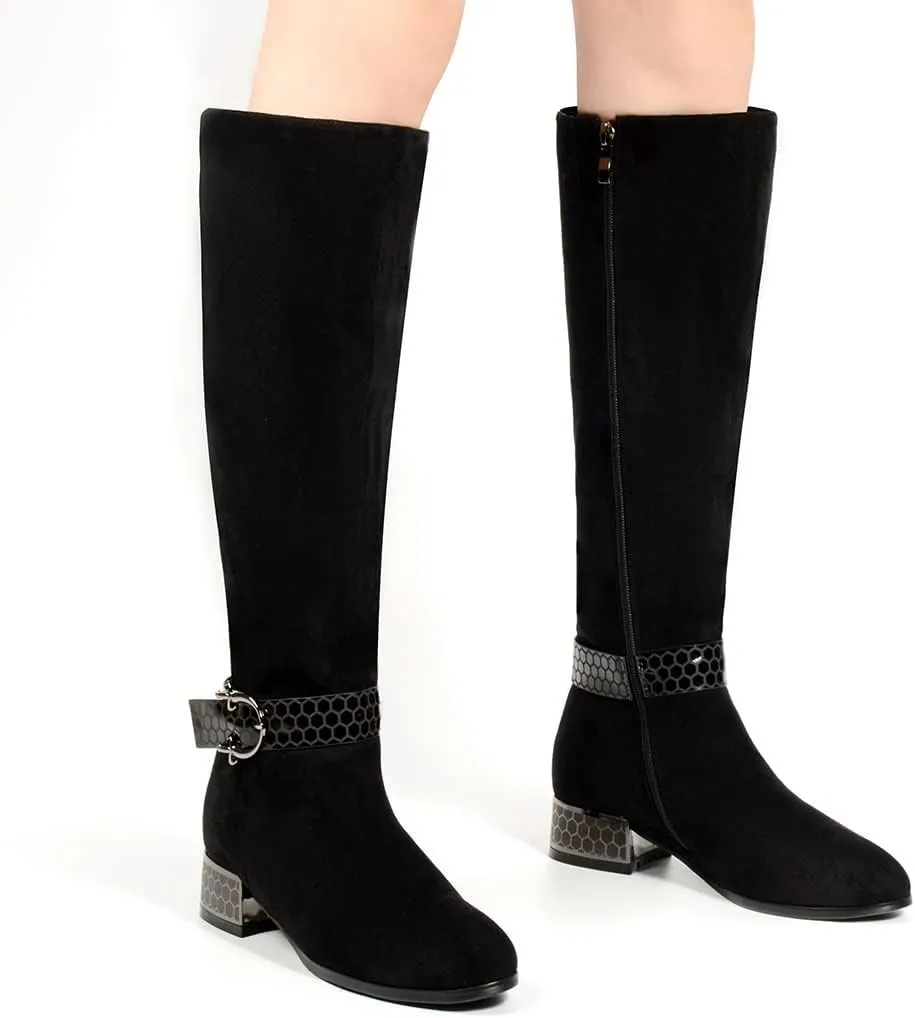 ANN CREEK Women's 'Orizea' Low Block Heel Beehive Patterned Straps Faux Suede Boots