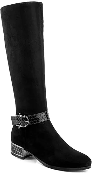 ANN CREEK Women's 'Orizea' Low Block Heel Beehive Patterned Straps Faux Suede Boots