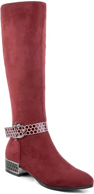 ANN CREEK Women's 'Orizea' Low Block Heel Beehive Patterned Straps Faux Suede Boots