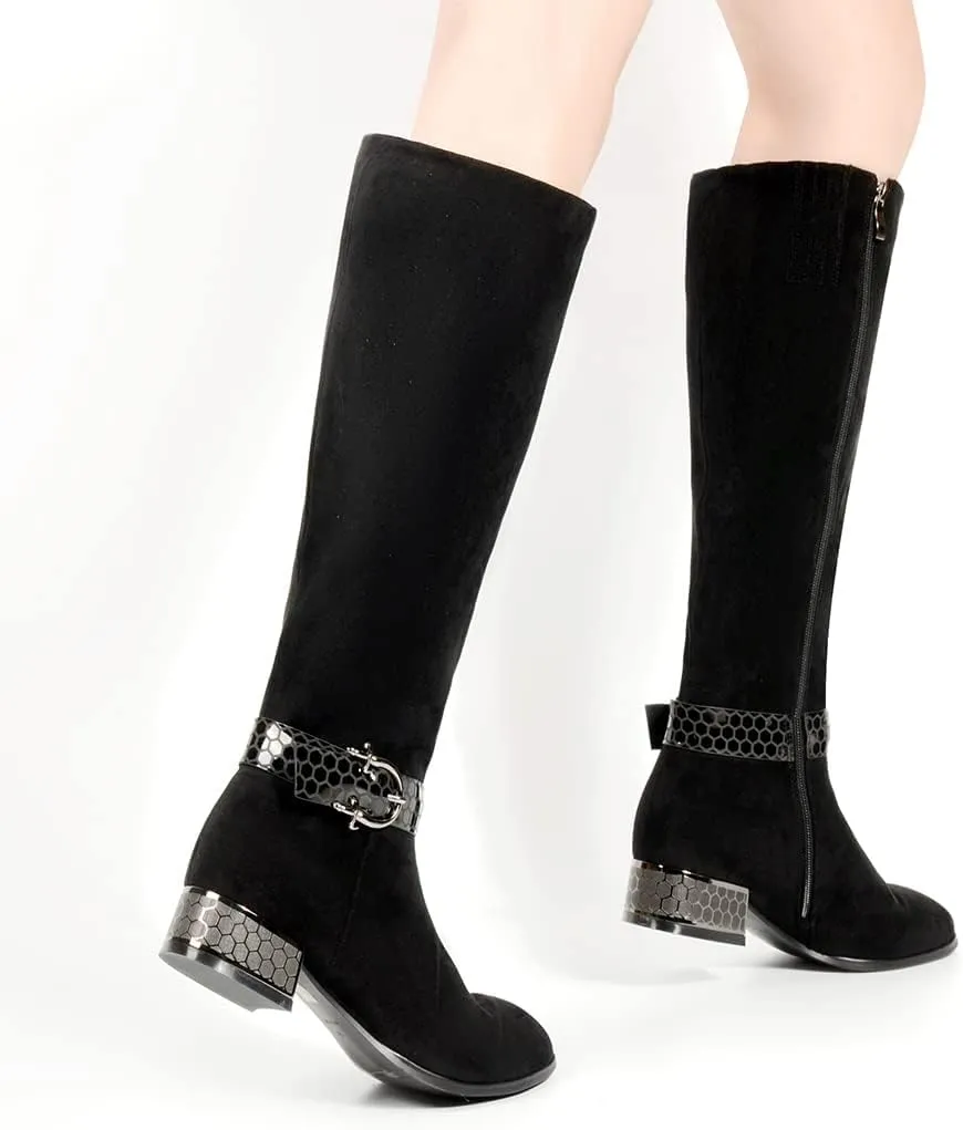 ANN CREEK Women's 'Orizea' Low Block Heel Beehive Patterned Straps Faux Suede Boots