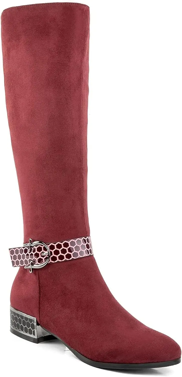 ANN CREEK Women's 'Orizea' Low Block Heel Beehive Patterned Straps Faux Suede Boots