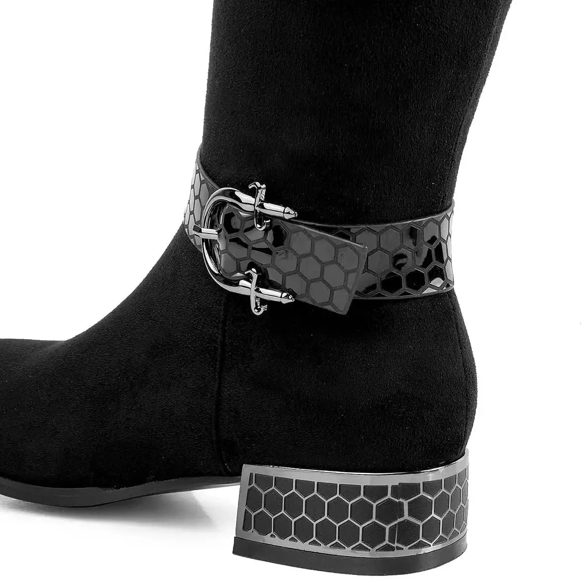 ANN CREEK Women's 'Orizea' Low Block Heel Beehive Patterned Straps Faux Suede Boots