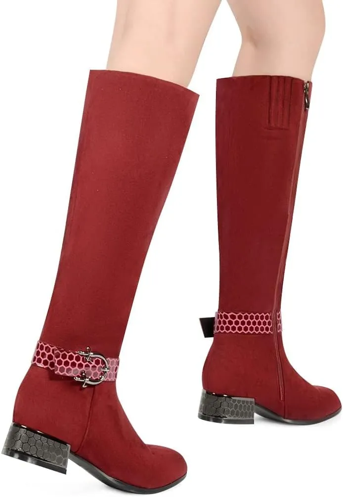 ANN CREEK Women's 'Orizea' Low Block Heel Beehive Patterned Straps Faux Suede Boots