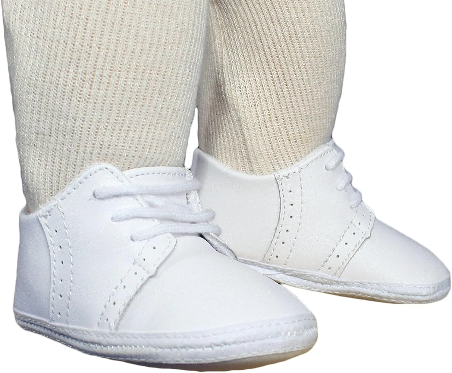 Baby Boys All White Genuine Leather Saddle Oxford Crib Shoe with Perforations