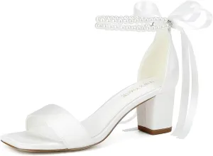 Block Heel Bridal Shoes Open Toe Wedding Shoes for Bride Pearl Heels Wedding Sandals