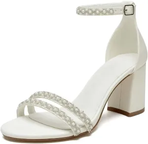 Block Heel Wedding Sandals Pearl Bridal Shoes Open Toe Wedding Shoes Bride heels