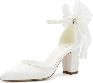 Block Heel Wedding Shoes for Bride Bow Heels Pointed Toe Pearl Bridal Shoes Wedding Heels