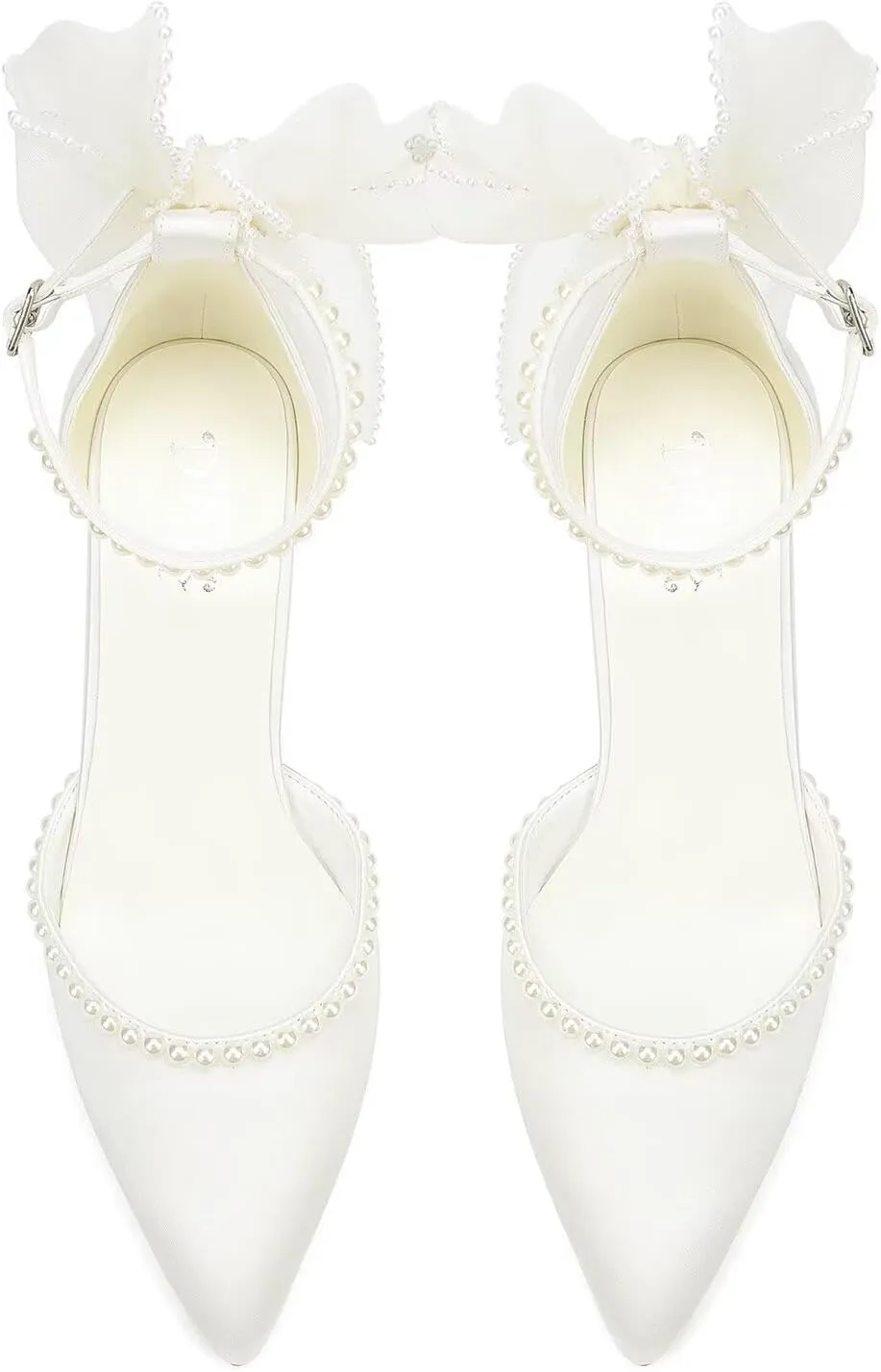 Block Heel Wedding Shoes for Bride Bow Heels Pointed Toe Pearl Bridal Shoes Wedding Heels