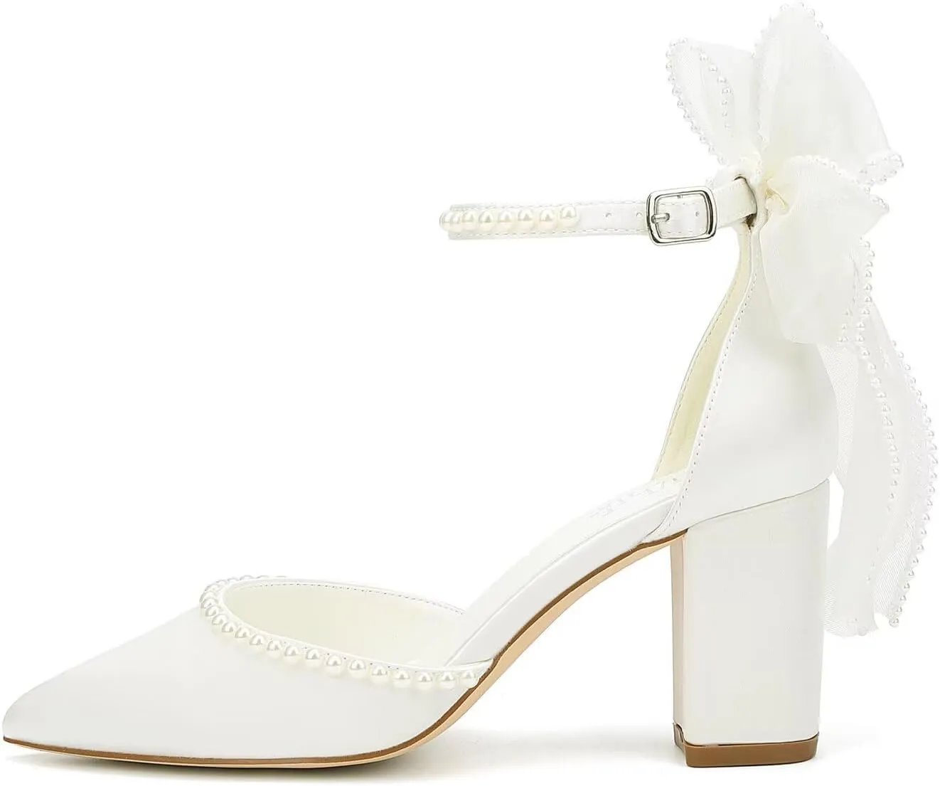 Block Heel Wedding Shoes for Bride Bow Heels Pointed Toe Pearl Bridal Shoes Wedding Heels
