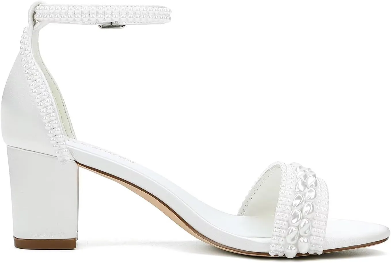 Block Heel Wedding Shoes for Bride Pearl Heels Ankle Buckle Strap Bridal Shoes