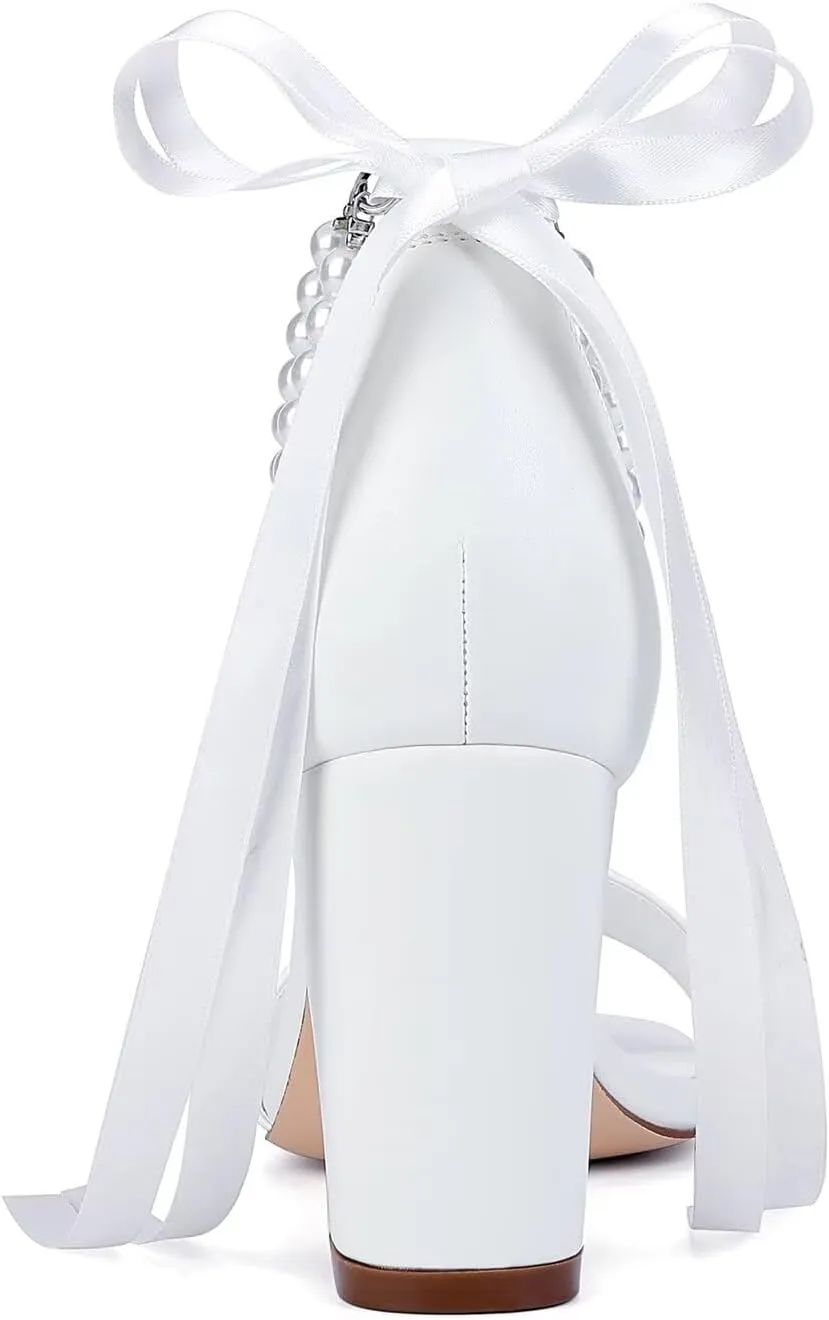 Block Heel Wedding Shoes for Bride Pearl Heels Wedding Sandals Square Open Toe Bridal Shoes