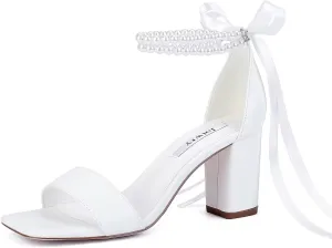Block Heel Wedding Shoes for Bride Pearl Heels Wedding Sandals Square Open Toe Bridal Shoes