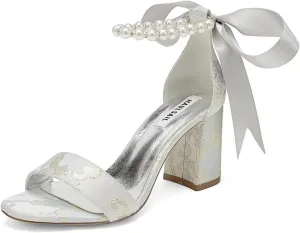 Block Heel Wedding Shoes for Bride Pearls Wedding Heels Floral Bridal Heeled Sandals