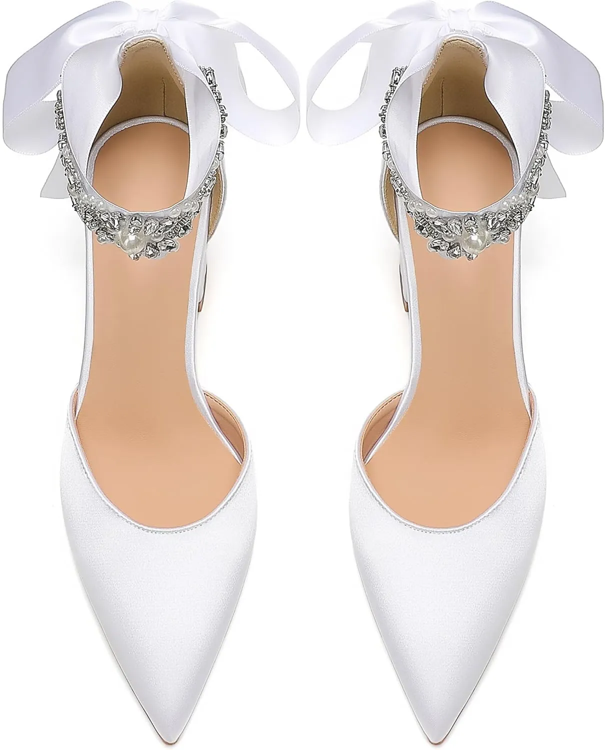 Bridal Wedding Shoes, Closed Toe Pointed Toe White Heels, Women's Chunky Heels with Bow and Crystal Pearl Ankle Strap