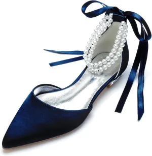 Bride Low Heel for Women Wedding Shoes Pointed Toe Closed Bridal Court Shoes Ankle Strap Pumps Sandals Bowknot Comfortable Pearl,Dark blue,8