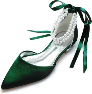 Bride Low Heel for Women Wedding Shoes Pointed Toe Closed Bridal Court Shoes Ankle Strap Pumps Sandals Bowknot Comfortable Pearl,Dark green,9