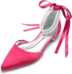 Bride Low Heel for Women Wedding Shoes Pointed Toe Closed Bridal Court Shoes Ankle Strap Pumps Sandals Bowknot Comfortable Pearl,Rose red,7