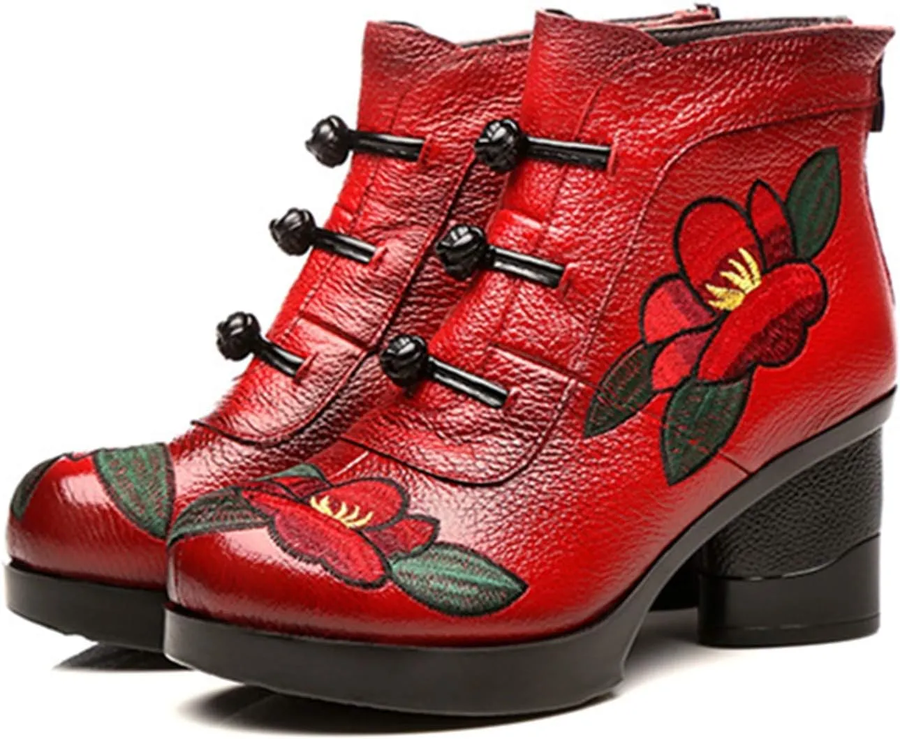 CrazycatZ Leather Ankle Boots,Women Retro Floral Leather Block Heel Ankle Embroidery Boots Colorful Boots