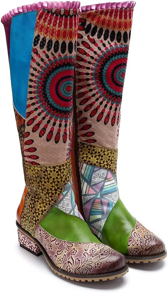CrazycatZ Womens Knee High Boots Leather Flat Long Boots Splicing Pattern Tall Boots