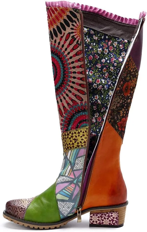 CrazycatZ Womens Knee High Boots Leather Flat Long Boots Splicing Pattern Tall Boots