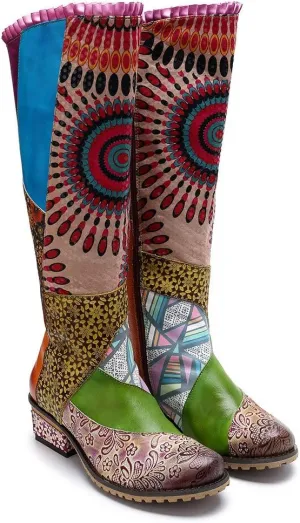 CrazycatZ Womens Knee High Boots Leather Flat Long Boots Splicing Pattern Tall Boots