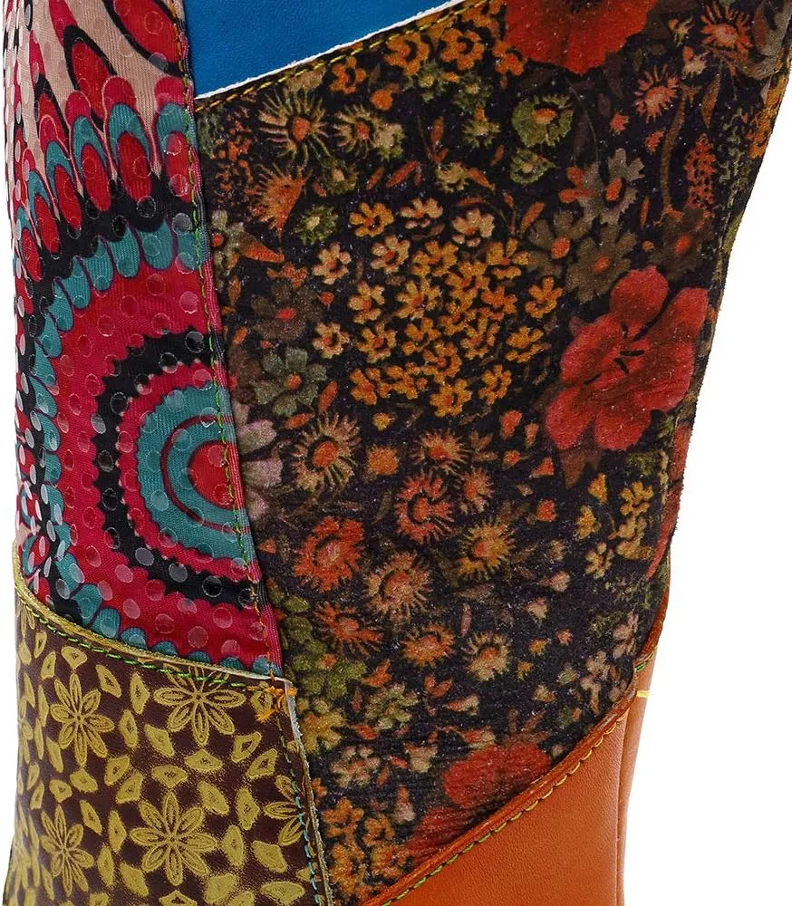 CrazycatZ Womens Knee High Boots Leather Flat Long Boots Splicing Pattern Tall Boots