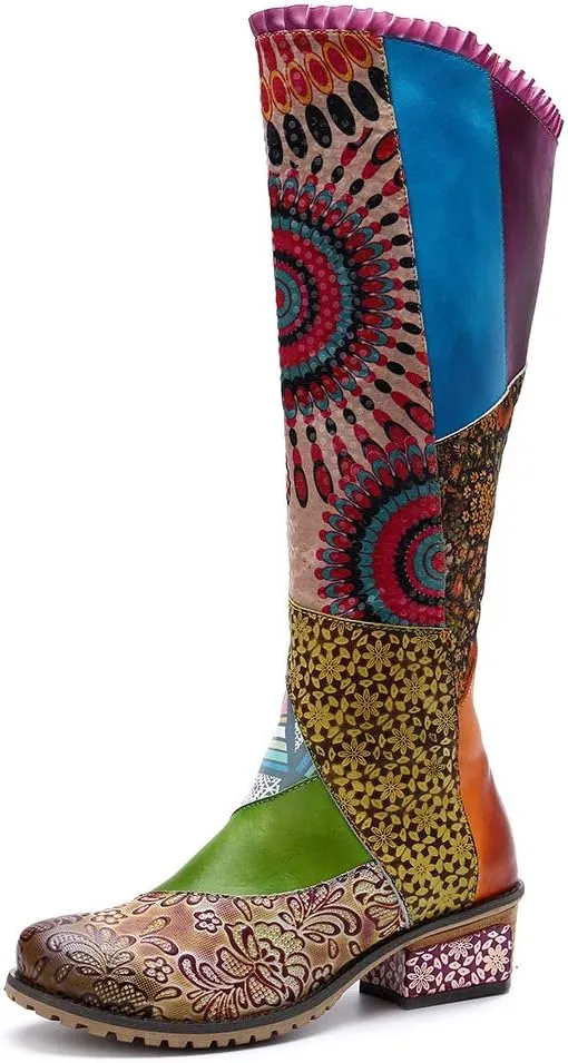 CrazycatZ Womens Knee High Boots Leather Flat Long Boots Splicing Pattern Tall Boots