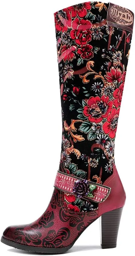 CrazycatZ Womens Leather Bohemian Knee High Boots Splicing Floral Block Heel Patterned Long Boots