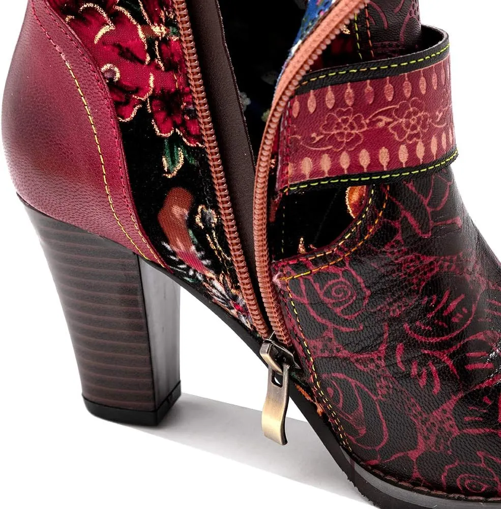 CrazycatZ Womens Leather Bohemian Knee High Boots Splicing Floral Block Heel Patterned Long Boots