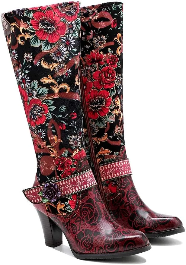 CrazycatZ Womens Leather Bohemian Knee High Boots Splicing Floral Block Heel Patterned Long Boots