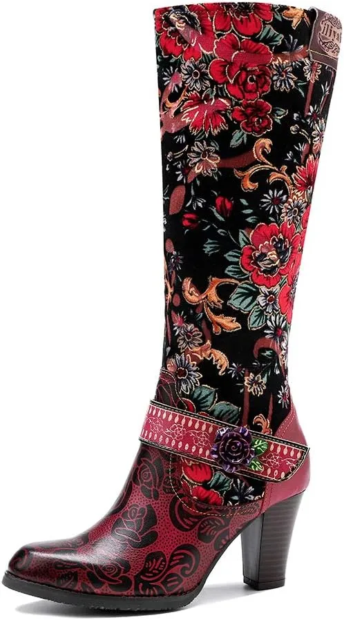 CrazycatZ Womens Leather Bohemian Knee High Boots Splicing Floral Block Heel Patterned Long Boots