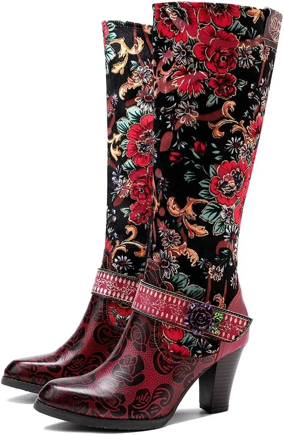 CrazycatZ Womens Leather Bohemian Knee High Boots Splicing Floral Block Heel Patterned Long Boots