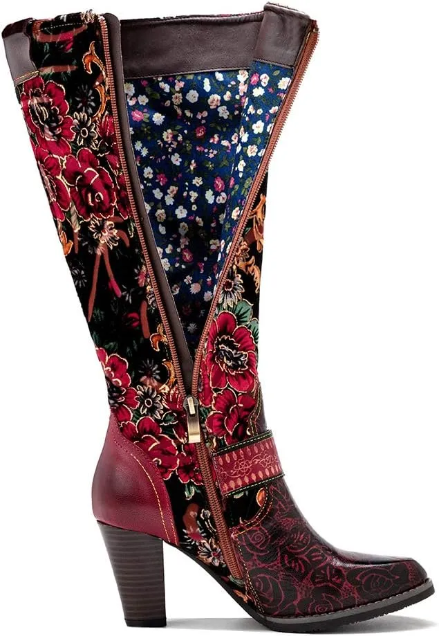 CrazycatZ Womens Leather Bohemian Knee High Boots Splicing Floral Block Heel Patterned Long Boots