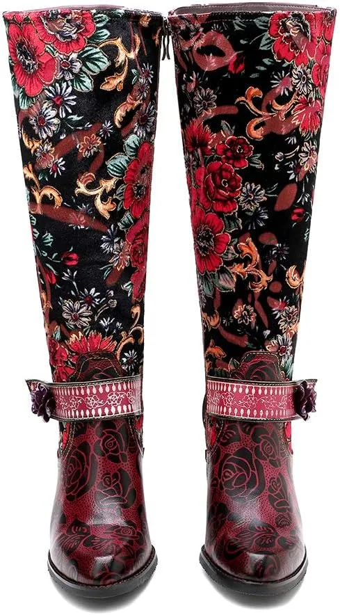 CrazycatZ Womens Leather Bohemian Knee High Boots Splicing Floral Block Heel Patterned Long Boots