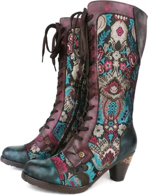 CrazycatZ Womens Leather Bohemian Knee High Boots Splicing Floral Block Heel Patterned Long Boots