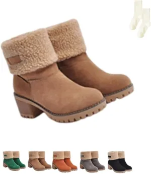 Dotmalls Seniors' Chunky Heel Winter Boots, Women's Chunky Heel Round Toe Snow Boots, Mid-Calf Chunky Heel Suede(Brown,6)