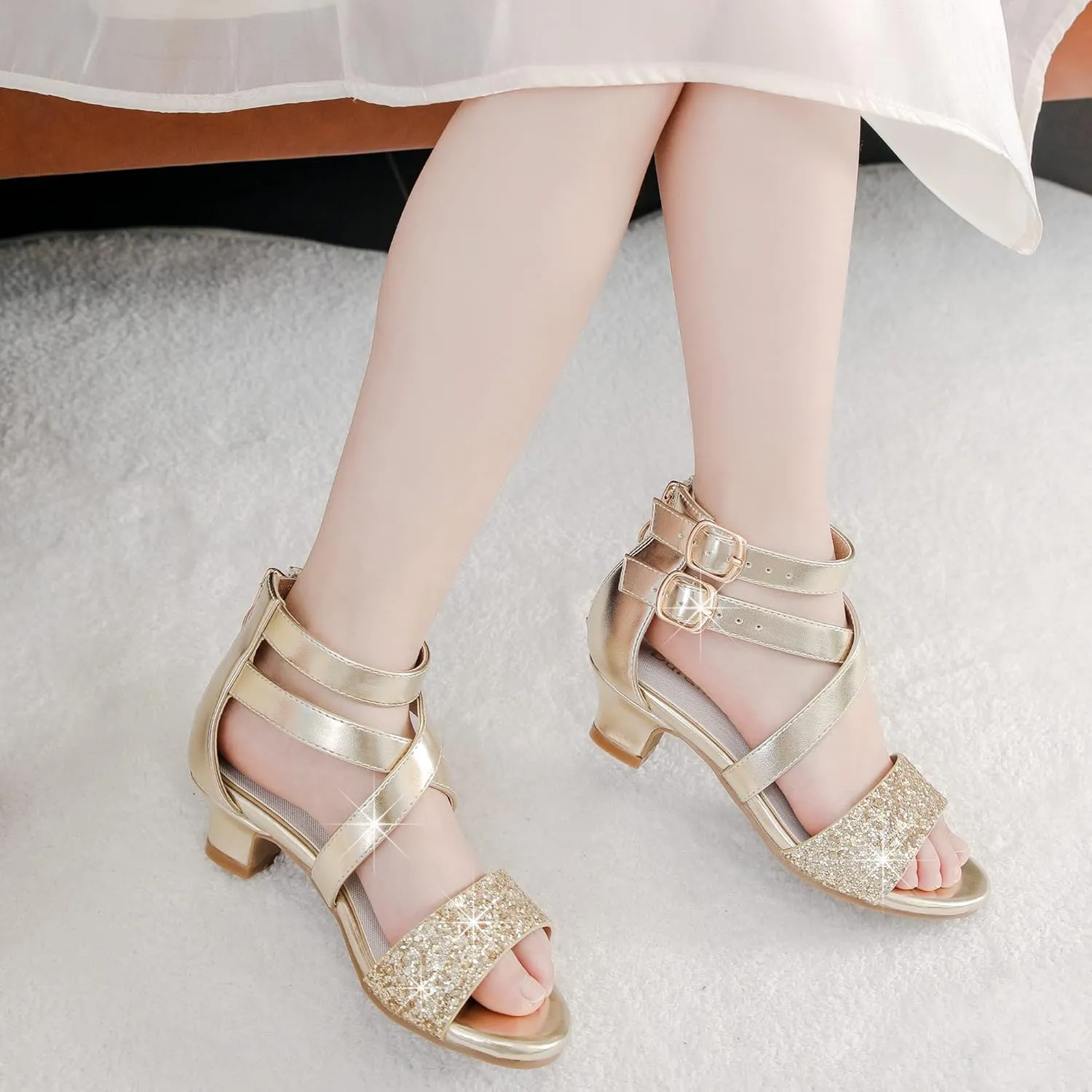 Dufannie Toddler Little Big Kid High Heels Flower Girls Party Dress Shoes Glitter Pump Sandals