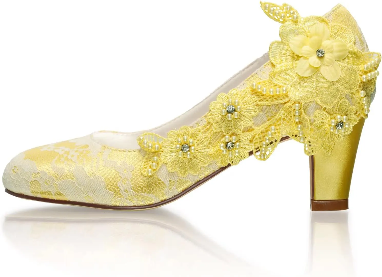 Emily Bridal Wedding Shoes Women's Silk Like Satin Chunky Heel Pumps with Stitching Lace Flower Crystal Pearl