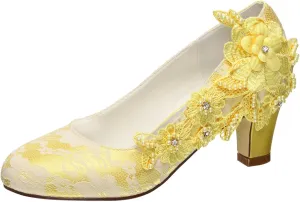 Emily Bridal Wedding Shoes Women's Silk Like Satin Chunky Heel Pumps with Stitching Lace Flower Crystal Pearl