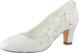 Emily Bridal Wedding Shoes Women's Silk Like Satin Chunky Heel Pumps with Stitching Lace Flower Crystal Pearl