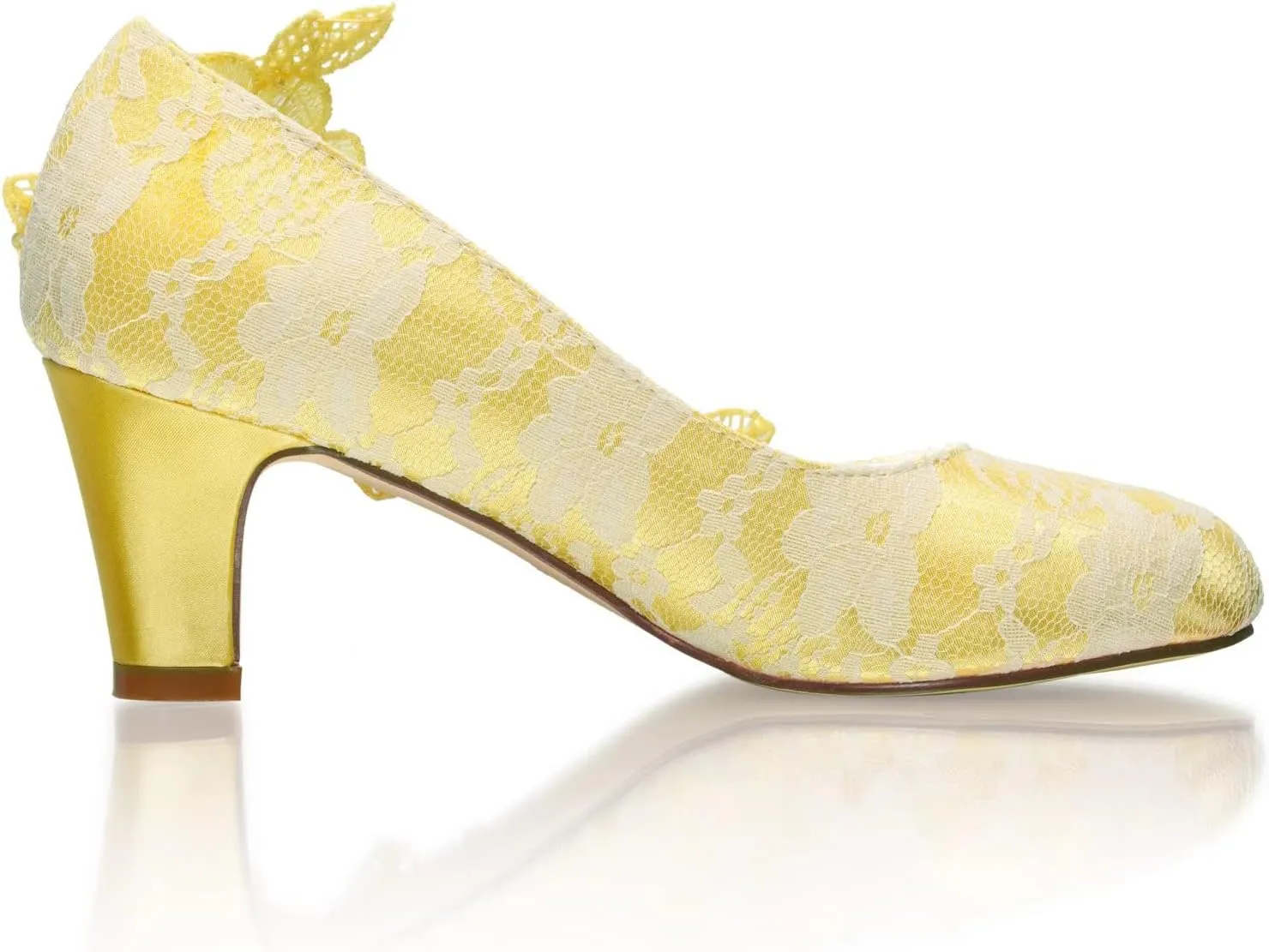 Emily Bridal Wedding Shoes Women's Silk Like Satin Chunky Heel Pumps with Stitching Lace Flower Crystal Pearl