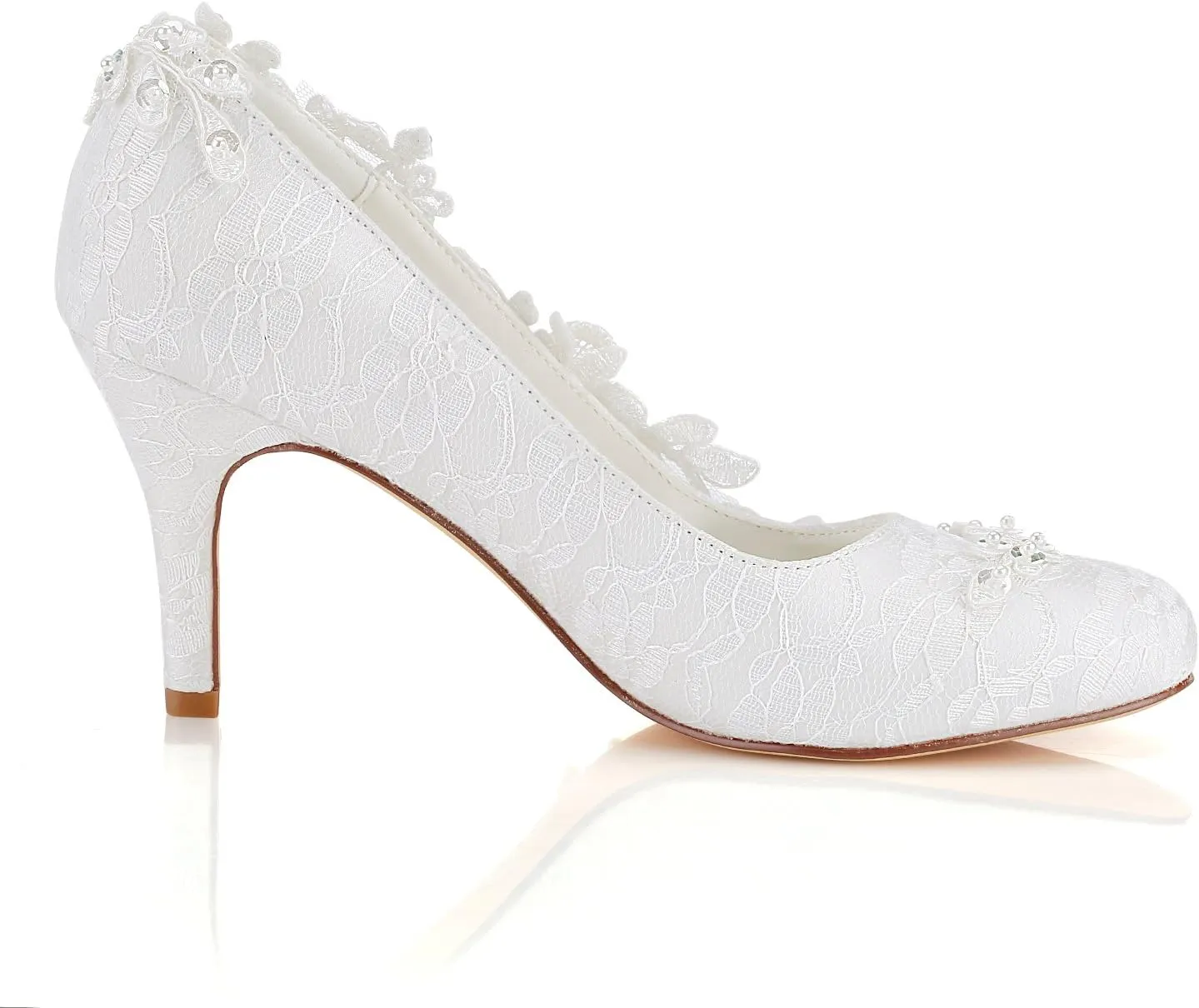 Emily Bridal Wedding Shoes Women's Silk Like Satin Stiletto Heel Pumps with Stitching Lace Flower Crystal Pearl