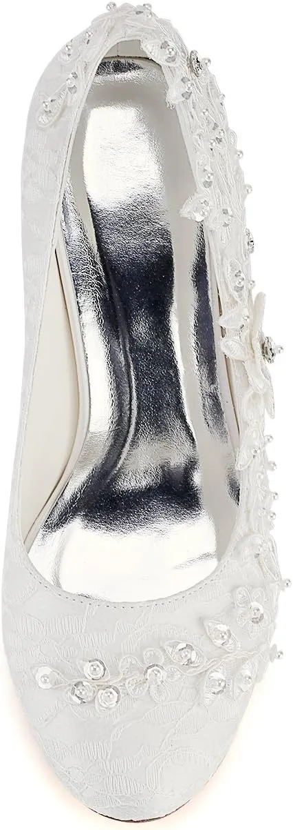 Emily Bridal Wedding Shoes Women's Silk Like Satin Stiletto Heel Pumps with Stitching Lace Flower Crystal Pearl