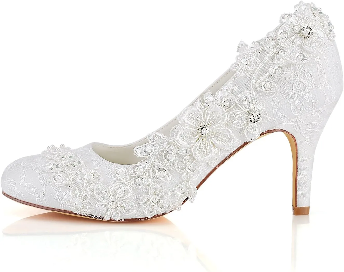 Emily Bridal Wedding Shoes Women's Silk Like Satin Stiletto Heel Pumps with Stitching Lace Flower Crystal Pearl